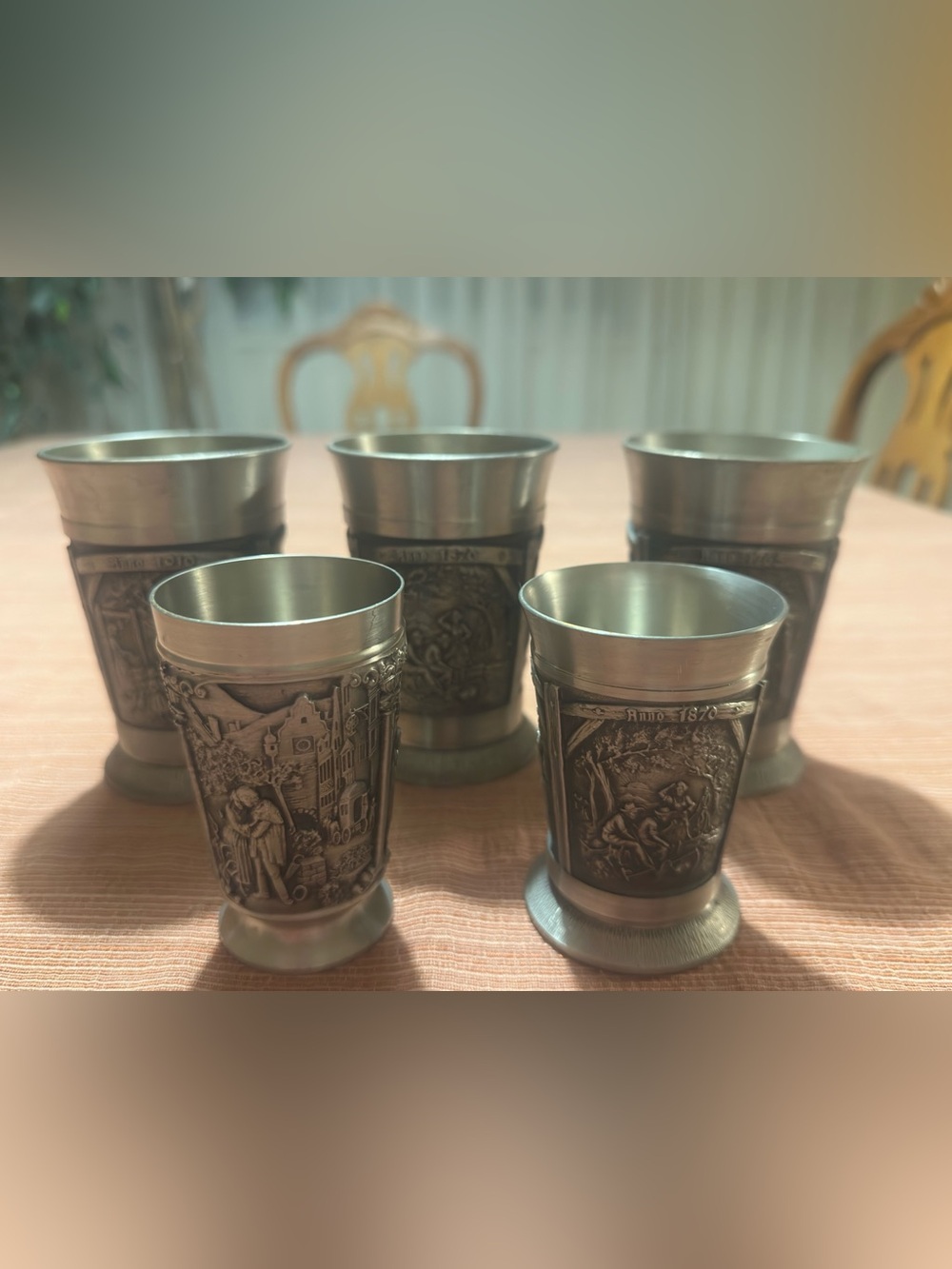 Vintage German Pewter Glasses Set of 5 1870 / 1765 / 1910 Zinn Becher